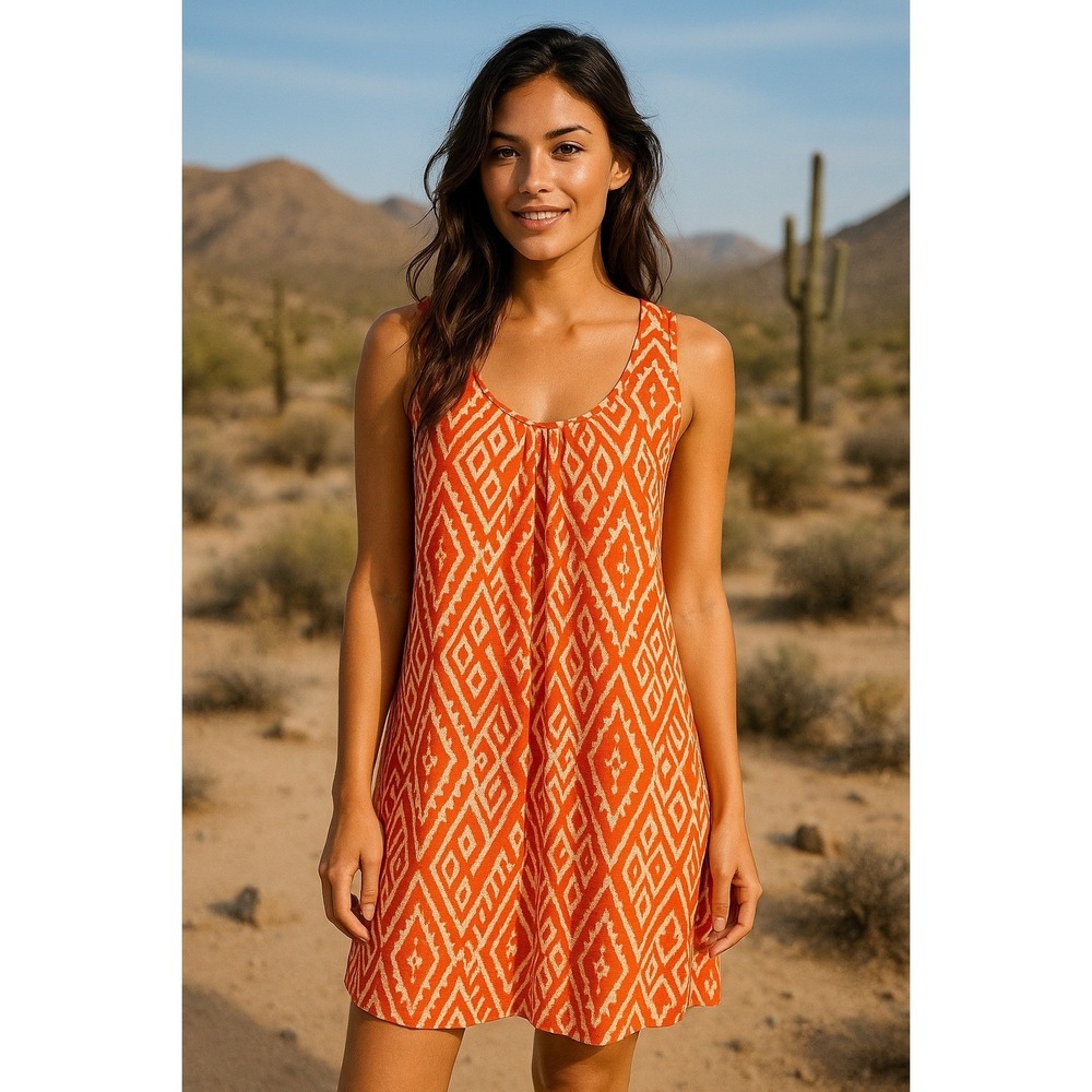 Umgee Coastal Cowgirl Boho Festival Dress Medium Orange Aztec Lace Racerback